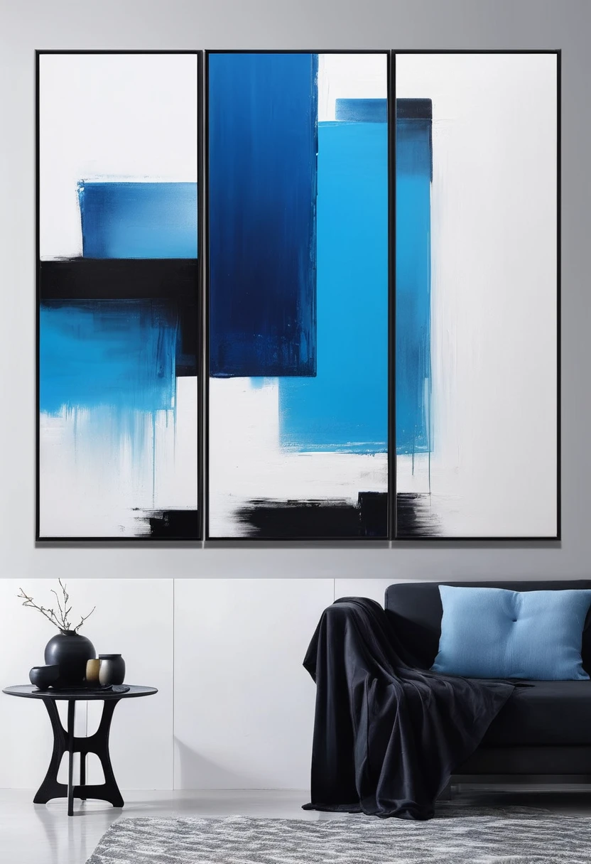 Full of art，Bright paint painting，The overall color is divided into three blocks，Blue on white background、Black oil painting, modern minimalism。artwork，Show love for life，Large brush feel，Gradient，