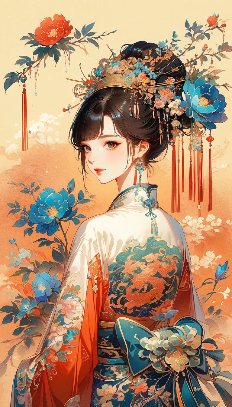 A beautiful young woman in traditional Chinese attire, sweet smile, from back, eyes look at other side, fashion pose, charming and attractive sexy pose, surrounded by a lush garden. gazing at it with gentle eyes. The woman's hair is styled in an elaborate updo adorned with flowers and traditional ornaments. Her dress is elegant, featuring fine silk with floral embroidery. The garden is in full bloom, with peonies and other flowers providing a backdrop. The scene captures the serenity and beauty of classical Chinese art, with a touch of nature harmony, (((Ultra-high saturation, high natural saturation, extremely bright colors)))