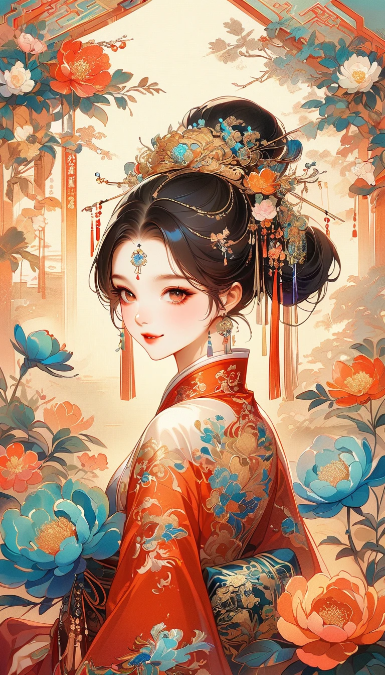 A beautiful young woman in traditional Chinese attire, sweet smile, from back, eyes look at other side, fashion pose, charming and attractive sexy pose, surrounded by a lush garden. gazing at it with gentle eyes. The woman's hair is styled in an elaborate updo adorned with flowers and traditional ornaments. Her dress is elegant, featuring fine silk with floral embroidery. The garden is in full bloom, with peonies and other flowers providing a backdrop. The scene captures the serenity and beauty of classical Chinese art, with a touch of nature harmony, (((Ultra-high saturation, high natural saturation, extremely bright colors)))