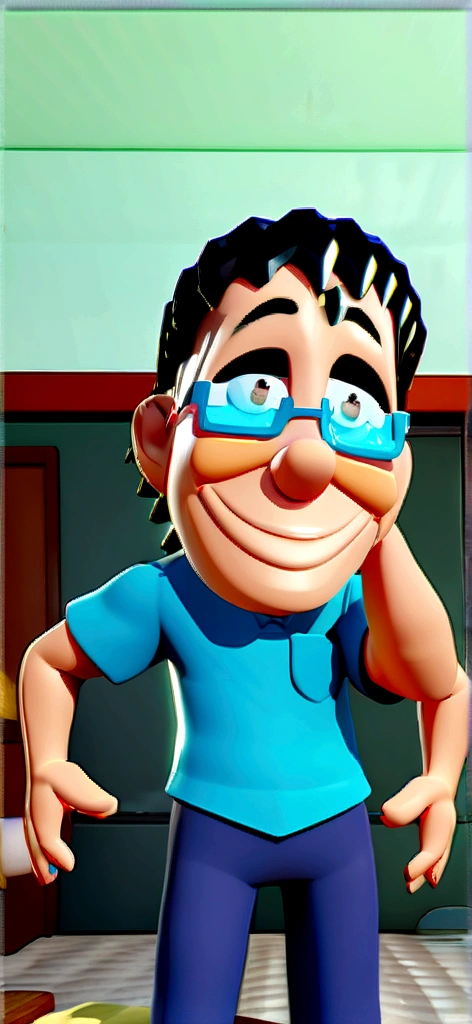 Cartoon character of a man in black glasses and blue shirt, an animated character, stylized character, animation style rendering, 3d stylized, Arnold Maya rendering, Stylized 3D rendering, toon render screenshot, 3d character, 3d character, Stylized 3D rendering, 3D character rendering, cartoon character, Personagem de close up, Pose cooking, (Pixar-style) (master part:1.2) (bokeh) (best qualityer) (skin detailed) (detailed texture) (8K) (Argilla) (cinematic lighting) (sharp focus