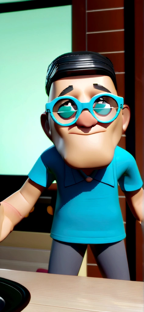 Cartoon character of a man in black glasses and blue shirt, an animated character, stylized character, animation style rendering, 3d stylized, Arnold Maya rendering, Stylized 3D rendering, toon render screenshot, 3d character, 3d character, Stylized 3D rendering, 3D character rendering, cartoon character, Personagem de close up, Pose cooking, (Pixar-style) (master part:1.2) (bokeh) (best qualityer) (skin detailed) (detailed texture) (8K) (Argilla) (cinematic lighting) (sharp focus