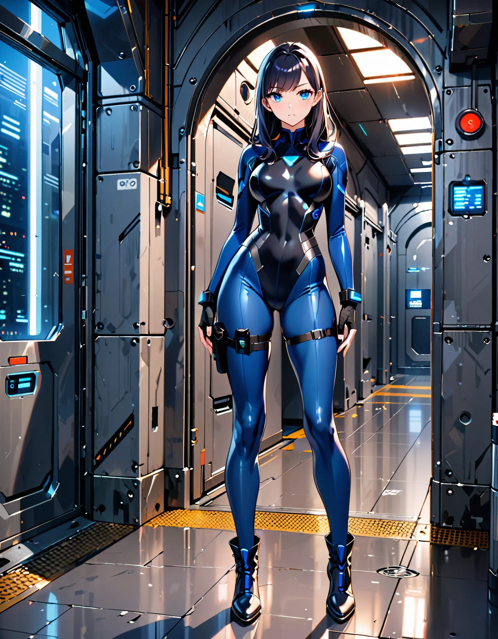 masterpiece, highly detailed, best quality, high quality, 1girl, (solo, solo focus), beautiful detailed eyes, beautiful detailed face, (perfect hands, complete fingers), perfect anatomy, perfect proportions, detailed shadows, detailed light, (blue skintight bodysuit, (black leotard), thigh holster, thigh strap), (full blue pantyhose, skintight blue leggings, perfect fit), matching boots, full body, serious, full body costume design. hi-tech spy building, indoors.