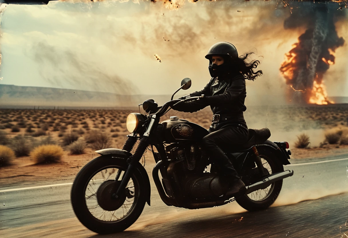 Long view shot photo of a woman with a vintage 70s aesthetic, shiny metallic skeleton as her helmet, black wavy hair, black leather outfit with intricate detail, a big tornado at the background, warm tones, faded colors, cinematic, nostalgic feel, candid pose, riding a black motorbike with intricate detail trough a ring of fire, on a desert road, motion blur effect, action shot, Fine art photography style