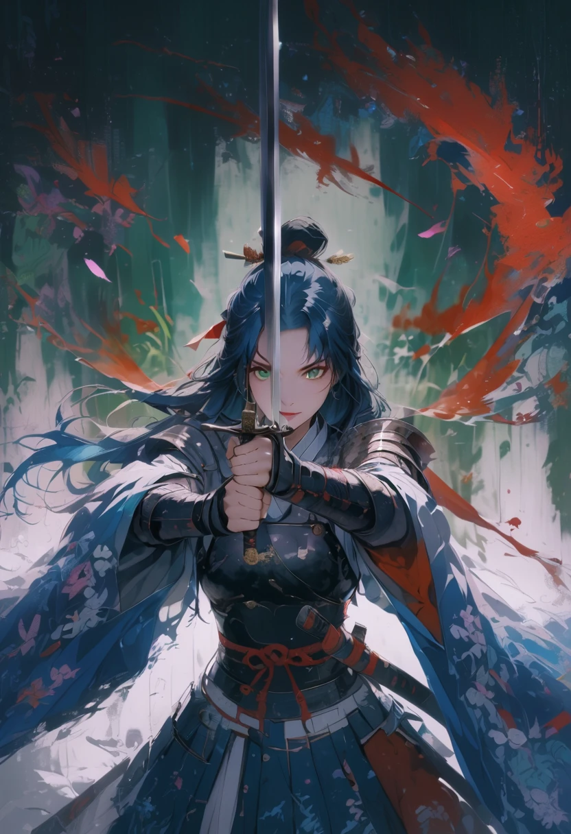 female samurai,has a samurai armor with black raven feathers on, blue hair and green eyes, breasts are visible, looks at the viewer, she looks at the viewer pessimistically, Smiles
