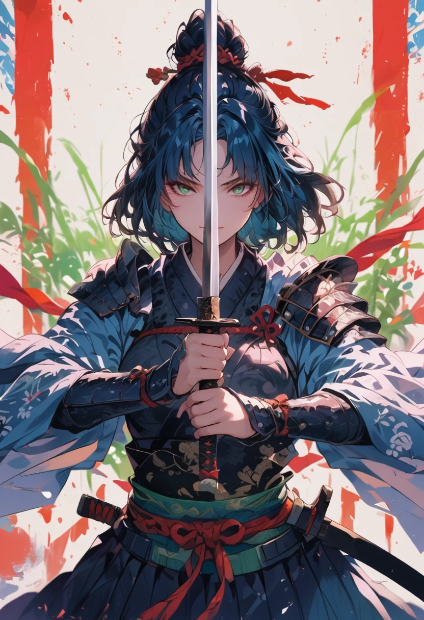 female samurai,has a samurai armor with black raven feathers on, blue hair and green eyes, breasts are visible, looks at the viewer, she looks at the viewer pessimistically, Smiles