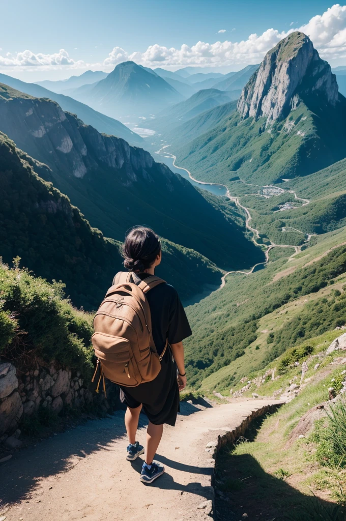 "Describe a scene in which a person is standing, gazing at the horizon, with a determined and confident expression. Ao fundo, we see a winding path that leads to an imposing mountain. The person is dressed in comfortable clothes and carries a backpack, symbolizing the journey of self-development. Sunlight shines on the scene, representing the enlightenment and clarity that accompanies personal growth."