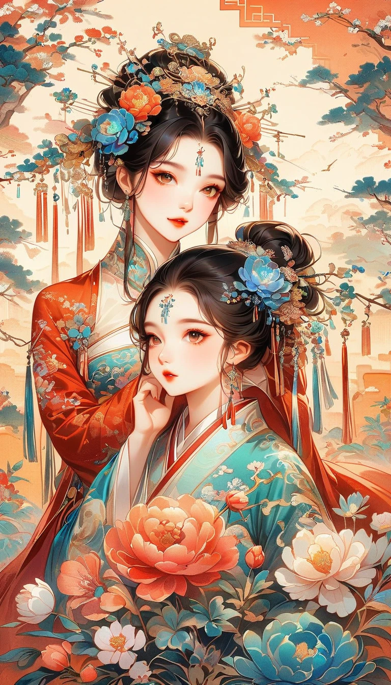 A beautiful young woman in traditional Chinese attire, sweet smile, from front, eyes look at other side, fashion pose, charming and attractive sexy pose, surrounded by a lush garden. gazing at it with gentle eyes. The woman's hair is styled in an elaborate updo adorned with flowers and traditional ornaments. Her dress is elegant, featuring fine silk with floral embroidery. The garden is in full bloom, with peonies and other flowers providing a backdrop. The scene captures the serenity and beauty of classical Chinese art, with a touch of nature harmony, (((Ultra-high saturation, high natural saturation, extremely bright colors)))