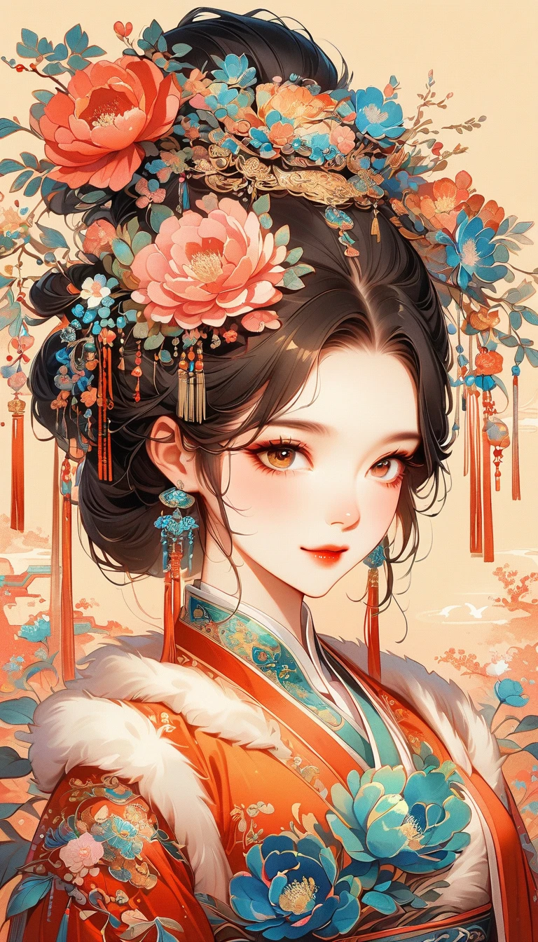 A beautiful young woman in traditional Chinese attire, sweet smile, from front, eyes look at other side, fashion pose, charming and attractive sexy pose, surrounded by a lush garden. gazing at it with gentle eyes. The woman's hair is styled in an elaborate updo adorned with flowers and traditional ornaments. Her dress is elegant, featuring fine silk with floral embroidery. The garden is in full bloom, with peonies and other flowers providing a backdrop. The scene captures the serenity and beauty of classical Chinese art, with a touch of nature harmony, (((Ultra-high saturation, high natural saturation, extremely bright colors)))