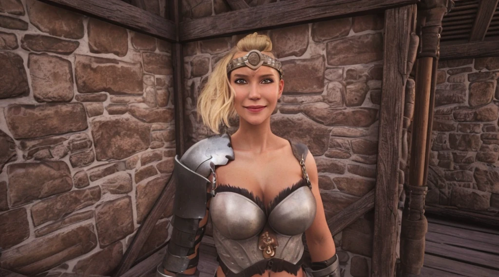 A Beautiful blonde barbarian woman smiling and posing seductively