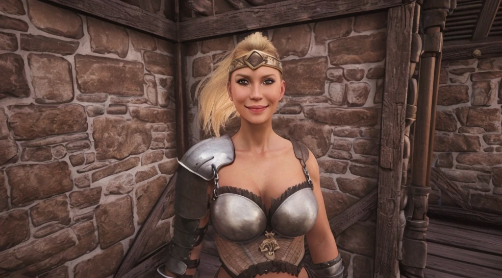 A Beautiful blonde barbarian woman smiling and posing seductively