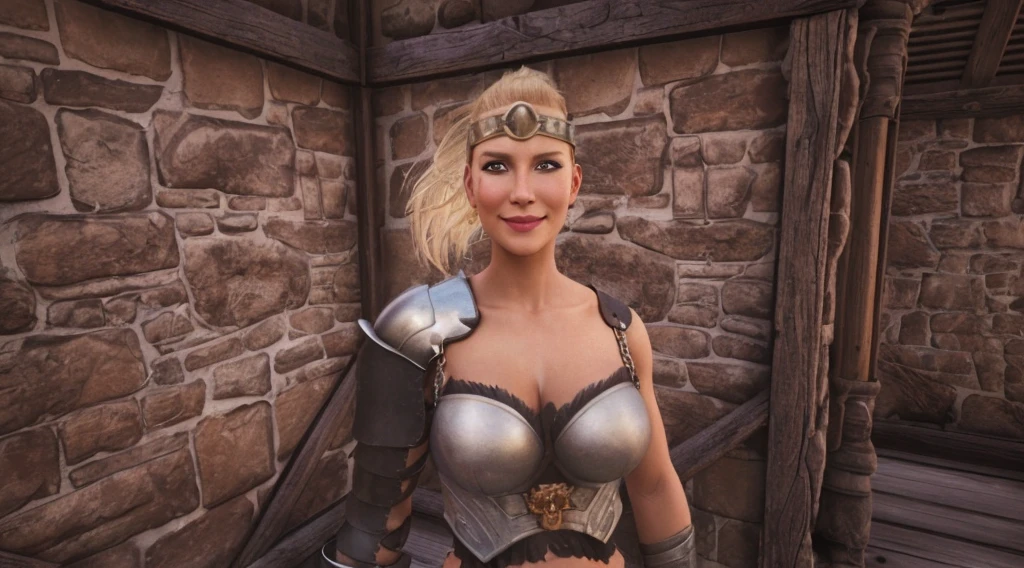 A Beautiful blonde barbarian woman smiling and posing seductively