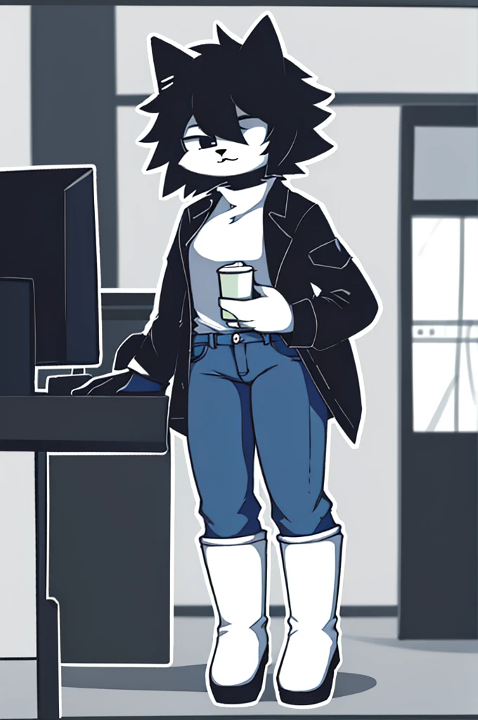 girl, furry, White cat, short hair, wide coffee boots, blue jeans, black open jacket, holding a white computer, alone, black eyes.