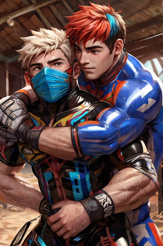 a sweaty muscular male human ager, another muscular male teen in full rubber motocross gear hugs him from behind