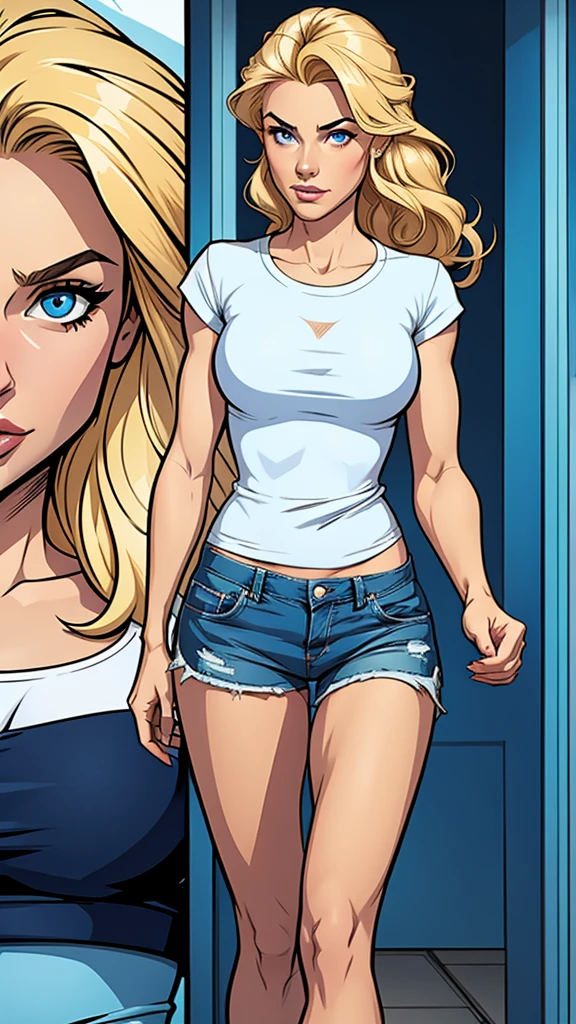 woman thin, blue pans shorts. White t-shirt, blondy hair, blue eyes. Comic style