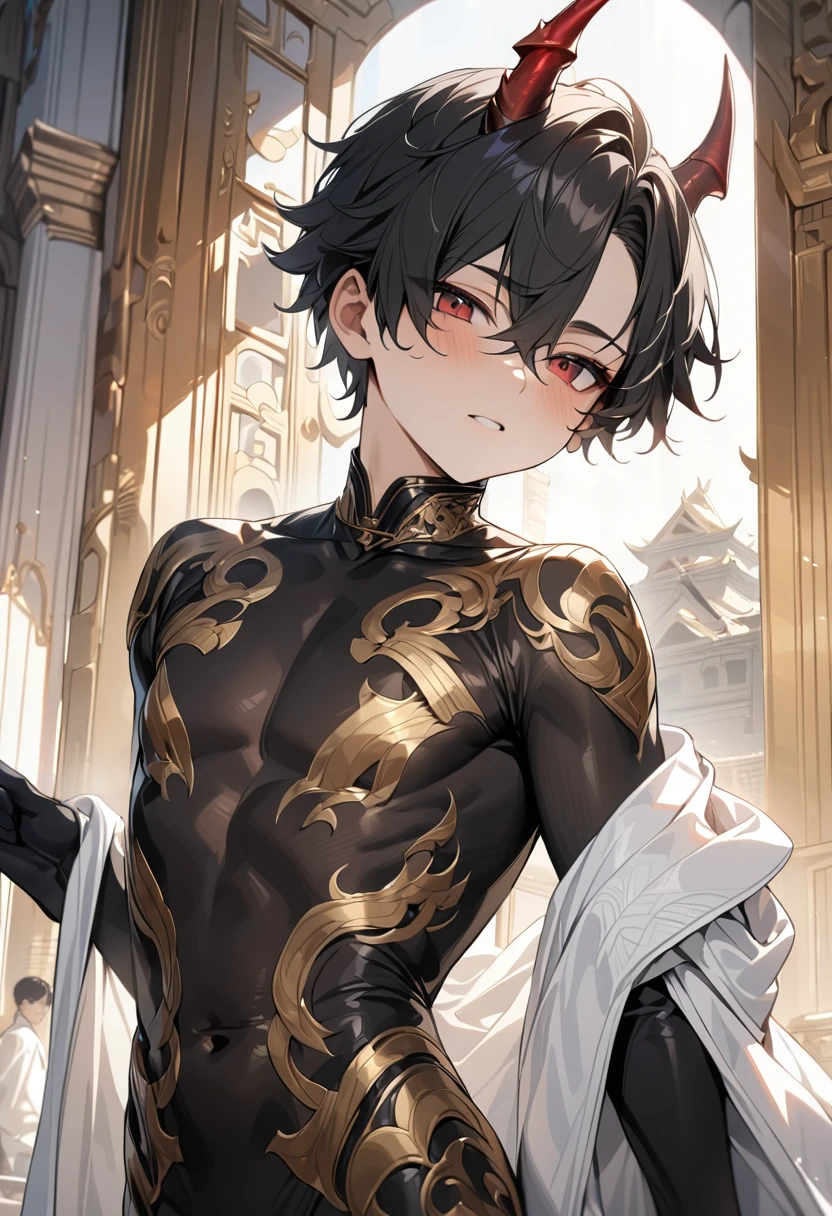 high quality,(best quality,4K,a high resolution,masterpiece:1.2),super detailed,(1 boy),(solo),juvenile,(Male juvenile),handsome and cute boy,black hair, Red dragon horn,black bodysuit with golden pattern,red eyes,Single photo,the white temple of light,magnificent palace background,Wearing a white cape behind