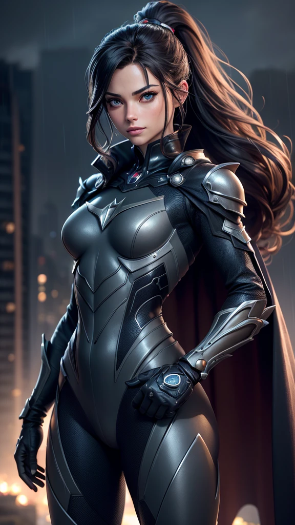 Best quality,4K,8k,high resolucion, tmasterpiece:1.2, Ultra-detailed, Realstic:1.37, illustration, futuriste, haute technologie, metallic, high detailed suit, Advanced Cybernetic Combination, Kristin Kreuk avec ponytail et des yeux verts, dressed up as Batman from DC Comics, dark atmosphere, intense illumination, Insigne de chauve-souris sur la poitrine, ceinture utilitaire avec gadgets, Masque aux yeux brillants, Detailed Muscle Definition, Finition brillante, sharp edges, Stylish design, Mysterious setting, Rain pouring in the background, Flou de mouvement, Tons de couleurs sombres, ombres intenses, Skyline de la ville au loin, Building rooftops, Simulated Raindrops, Reflection on the costume, Rivets et coutures, une forme physique extraordinaire, Position puissante, action pose, Physique impressionnant, Iconic cape that flows dramatically, Heroic Vibes, Imposing presence, blue eyes, black hair, ::loose straight hair, long hair, ::loose hair, your hair is loose and big, your hair is completely loose, hair in the wind 