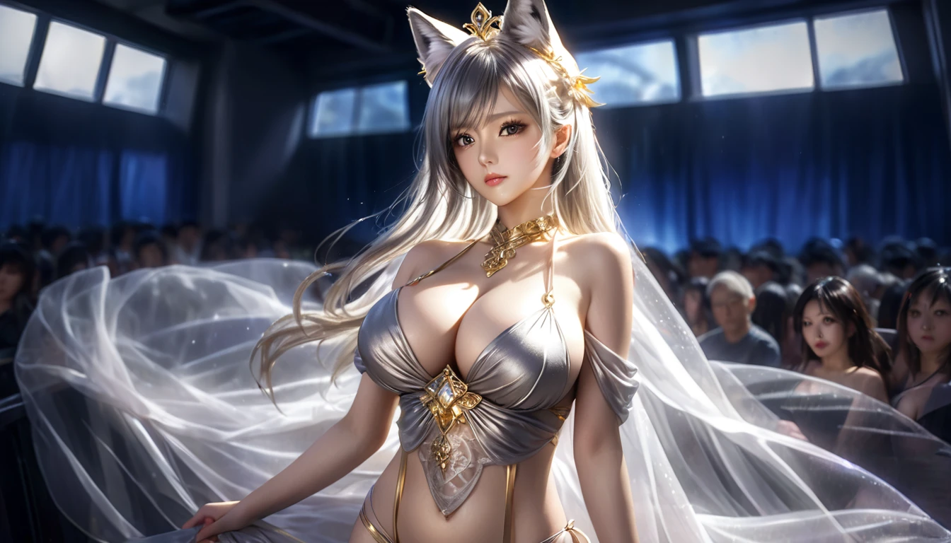 Woman in a golden transparent dress,Viewer,(((Huge breasts, Keeley University))),Slim waist,(Navel exposed,Bare waist), Long hair, extreme detailed details,High-end real site, Heavy rain scene, Detailed fantasy art, Stunning character art, Beautiful and exquisite character art, Beautiful gold and silver armor, Very detailed, Girl in Shining Armor, Exquisite headpieces and jewellery,Crystal jewelry filigree, galaxy, Stunning visuals, (Dynamic Stripes, light rail:1.2), Vibrant colors,Long hair动漫女孩和fox, Beautiful platinum fox lady, 白毛fox, Beautiful character painting, Beautiful anime portrait, fox耳朵的女孩, a beautiful fox woman, Mystical artwork, Guweiz, by Ren Renfa, fox, Large Breasts,Full breasts,Golden ratio figure,Perfect body,Ultra wide-angle shooting,Full body shot,Body close-up,Full body shot,Look at the audience,Wearing a tulle bikini,Soft anime illustration, Soft dark background,Fujifilm XT3 Clear focus, f 5.6, High Detail, Clear focus, Dramatic, (Wearing openwork clothing), (Looking at the audience:1.8), (Natural light), (Tempting)translucent, Good velvet quality, Compared, Divine Light,, Silver gray hair, Sky background, Absolute Strength,Female angels,Girl in sexy silk,,Large Breasts,Full breasts,Golden ratio figure,Perfect body,Ultra wide-angle shooting,Full body shot,Body close-up,Full body shot,Look at the audience,, Wearing a tulle bikini, Model shooting style, Large Breasts,Full breasts,Golden ratio figure,Perfect body,(Extremely detailed CG 8k wallpaper unit), The most beautiful artistic photos in the world, , 8K Ultra HD, soft light, high quality, Film Grain, Fujifilm XT3 Clear focus, f 5.6, High Detail, Clear focus, Dramatic, (Wearing openwork clothing), (Looking at the audience:1.8), (Natural light), (Tempting) Lying on your side in bed,Lazy gesture,Charming and seductive expression,best quality,masterpiece,Ultra-high resolution,(Practical:1.4),original photo,Ultra-high resolution,8K,There was a woman,White skin,Exquisite makeup,Big Wave,Black skirt,High heel,Long legs,Bright beautiful eyes,用紫色眼影打造Exquisite makeup,Large hoop earrings,