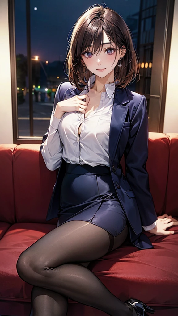 Mature beautiful Misaka Mikoto,(Highest quality,Extremely detailed depiction,Incredibly absurd high resolution,Anatomically accurate depiction,Curvy Legs,Shiny skin,Porcelain-like skin),(Office Lady,An excellent female secretary,Villainess),(business suit,Tight Skirt,Formal Shirt,Black Pantyhose,Luxurious accessories),eyelash,(Purple eyes,Detailed pupil,Half-closed eyes:1.3,Large Breasts,Wicked Smile,lustrous red lips,Sitting,Seductive gestures),whole body,(background:In the office),（View from below:1.5）