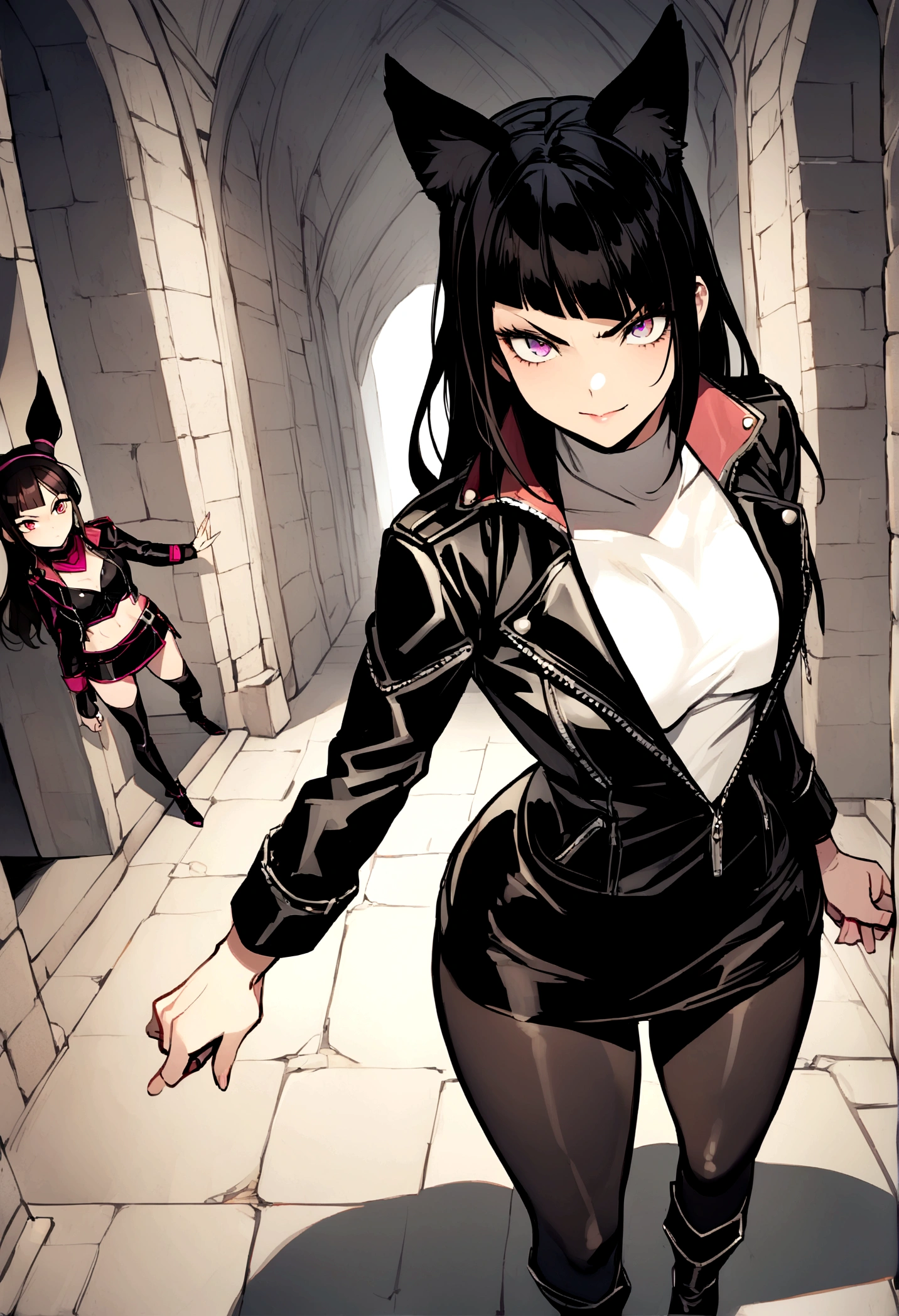 juri han,linda jovem guerreira com Cat's ears na cabeça, with a very detailed and beautiful face, beautifuleyes, beautifuleyes, gorgeous face, beautiful young woman wearing long black leggings with black details, short mini skirt, usando leather jacket preta, standing in a castle, wearing black boots, long hair with black bangs, ,Cat's ears, beautiful smile, tomboy, a little muscular,white sweater with strap around, serious look,usando leather jacket preto, with silver shoulder pads, leather jacket