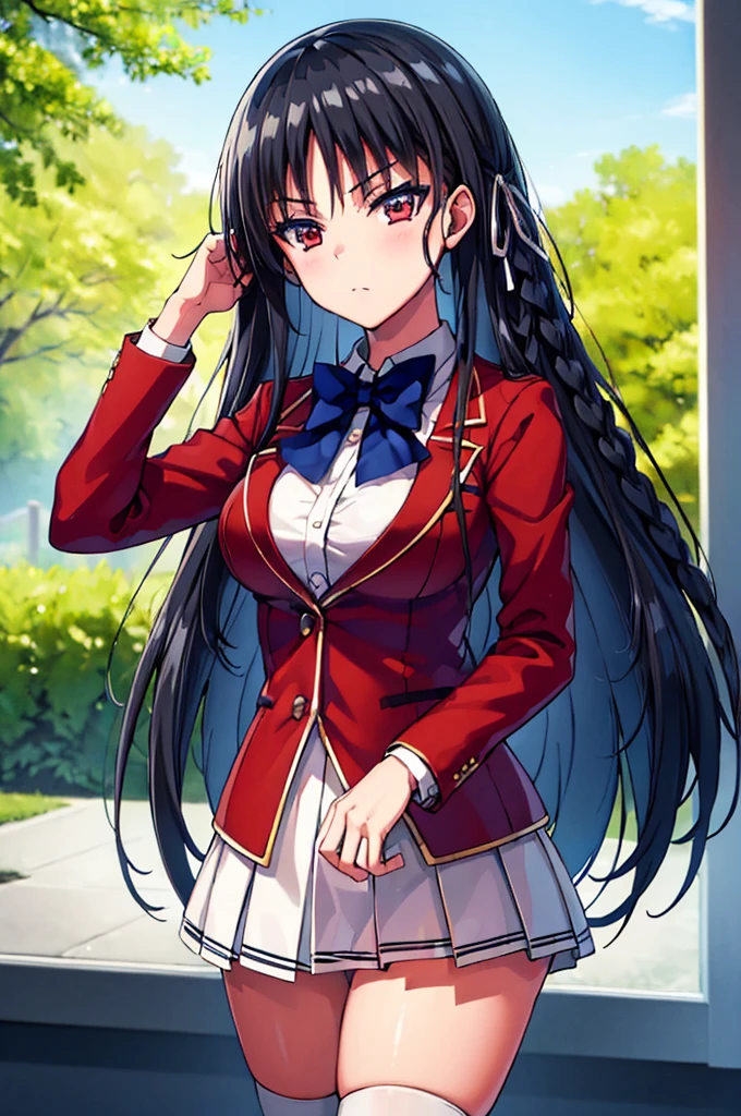 (masterpiece, best quality:1.4), (ultra detailed:1.5), perfect anatomy, 8k portrait, 
1girl,
Suzune Horikita, 
Suzune Horikita \(youjitsu\),
long hair, braid, 
black hair, 
red eyes, slant eyes, small eyes, 
blue bow, 
medium breasts, 
red jacket, long sleeves, white skirt, pleated skirt, black thigh-high socks, 
looking at viewer, 
cowboy shot, 
perfect light, 