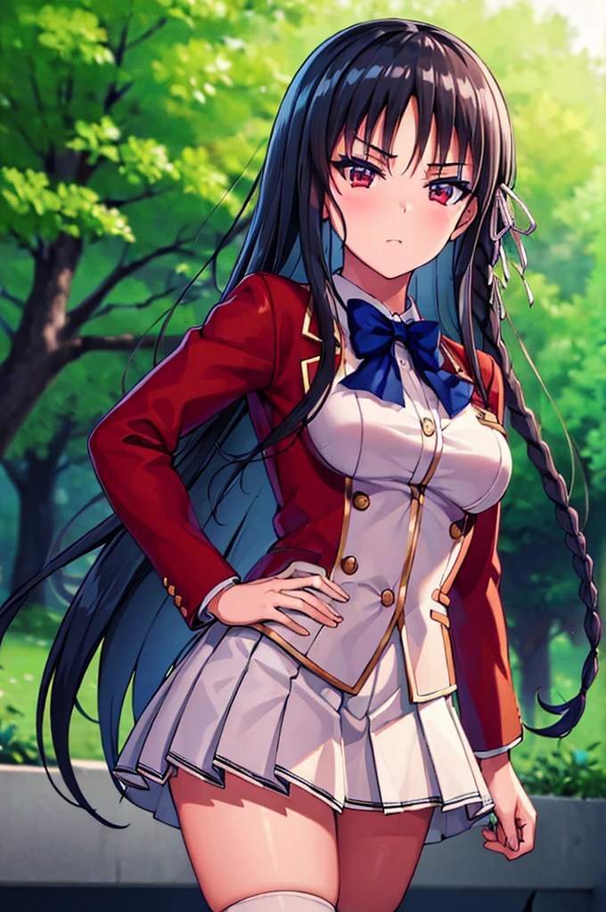 (masterpiece, best quality:1.4), (ultra detailed:1.5), perfect anatomy, 8k portrait, 
1girl,
Suzune Horikita, 
Suzune Horikita \(youjitsu\),
long hair, braid, 
black hair, 
red eyes, slant eyes, small eyes, 
blue bow, 
medium breasts, 
red jacket, long sleeves, white skirt, pleated skirt, black thigh-high socks, 
looking at viewer, 
cowboy shot, 
perfect light, 