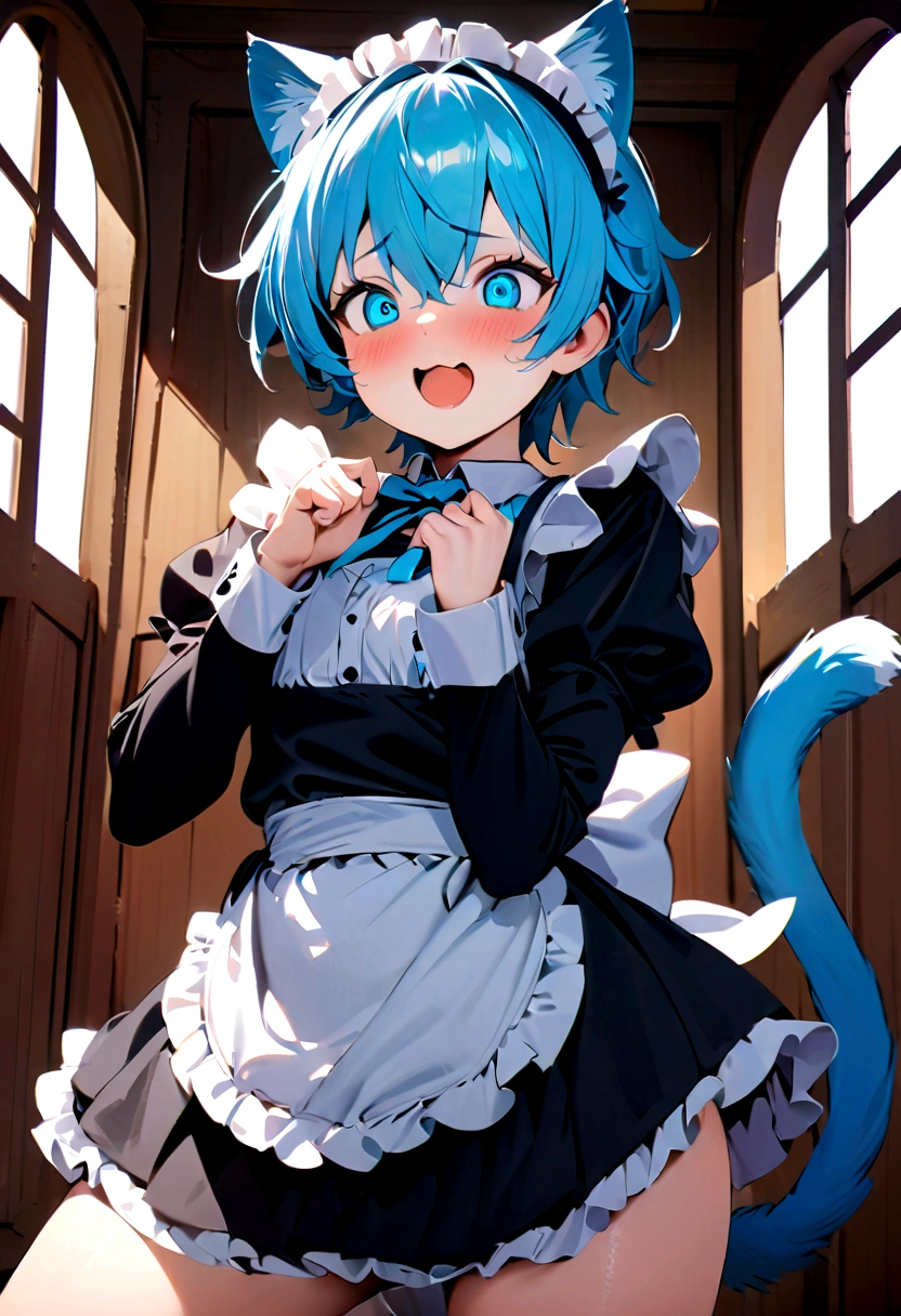 1 boy in maid costume, Shota, Cat ear, Cat's Tail,, Embarrassed, (masterpiece), Highest quality, Expressive eyes, Perfect Face, smile, Open your mouth, Full Color, detailed, 8K, 4K, High resolution, Symmetric, Extraordinary cuteness, Best aesthetics, Maid clothes cute Light blue hair Odd Eye hoodie Naughty sexual behavior Sex
