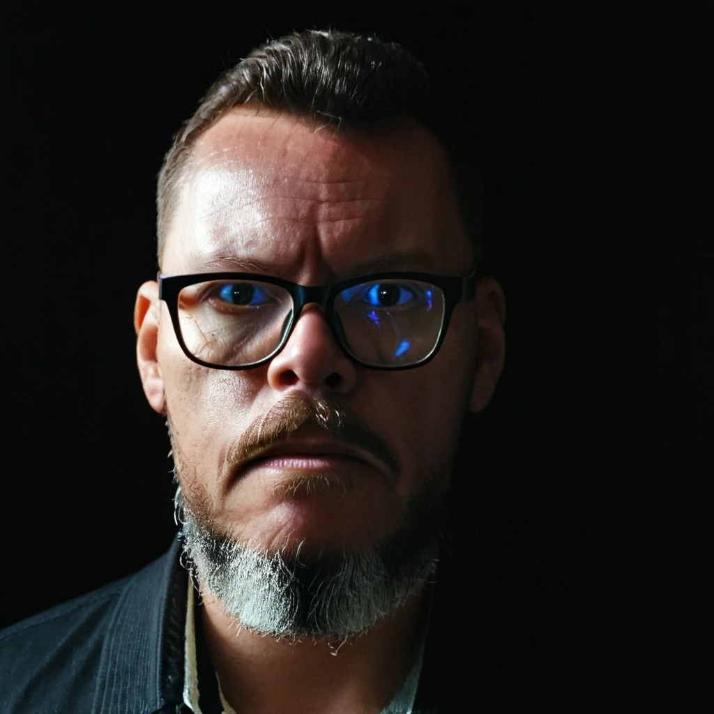 Professional raw 3x4 portrait of a bearded man with glasses, dramatic lighting, black background, sharp focus, high contrast, cinematic quality, moody atmosphere, chiaroscuro technique, piercing gaze, salt and pepper beard, rimless rectangular glasses, furrowed brow, intense expression, shadowy contours, highlight on cheekbones, studio lighting setup, catch light in eyes, textured skin details, professional headshot, 85mm lens, shallow depth of field, RAW image format, high-resolution, award-winning photography style, inspired by Peter Lindbergh, dramatic shadows across face, strong jawline accentuated by lighting. gutto2024abr 