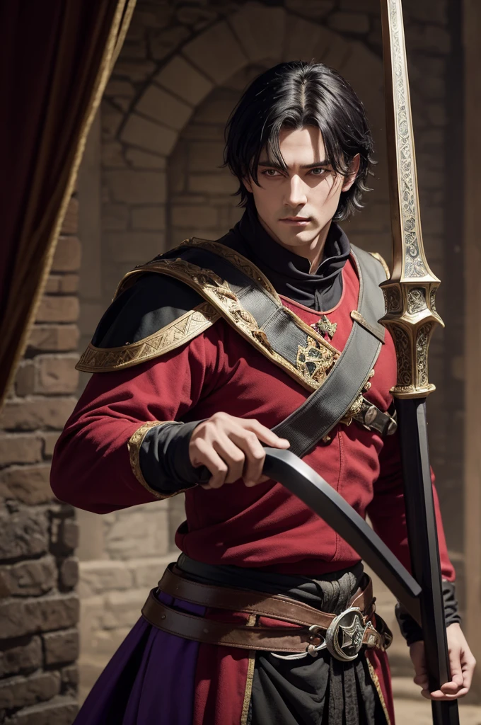 A man in medieval times king dressed in red and purple holding a black sword with black hair with green eyes and short hair