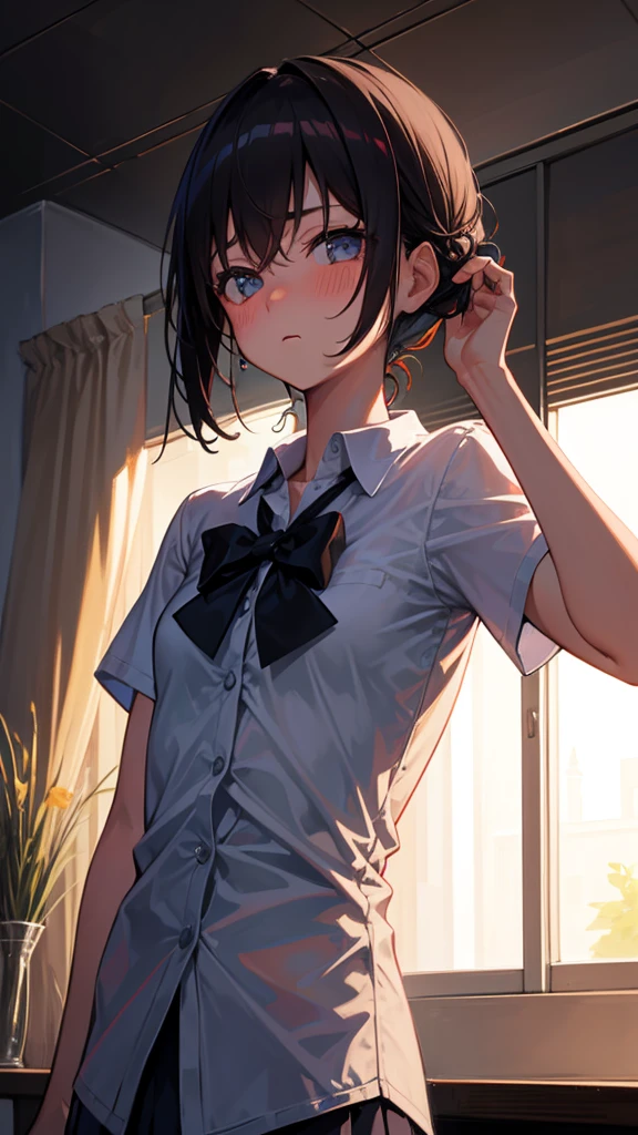 The girl is looking forward with a powerful expression that has decided something, Just a little blushing, Hands on chest