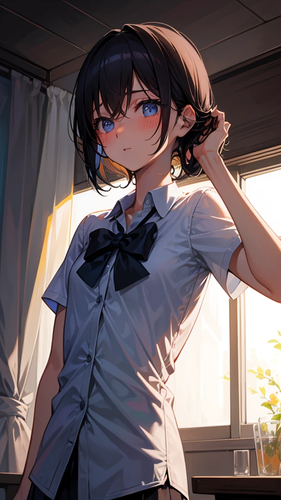 The girl is looking forward with a powerful expression that has decided something, Just a little blushing, Hands on chest