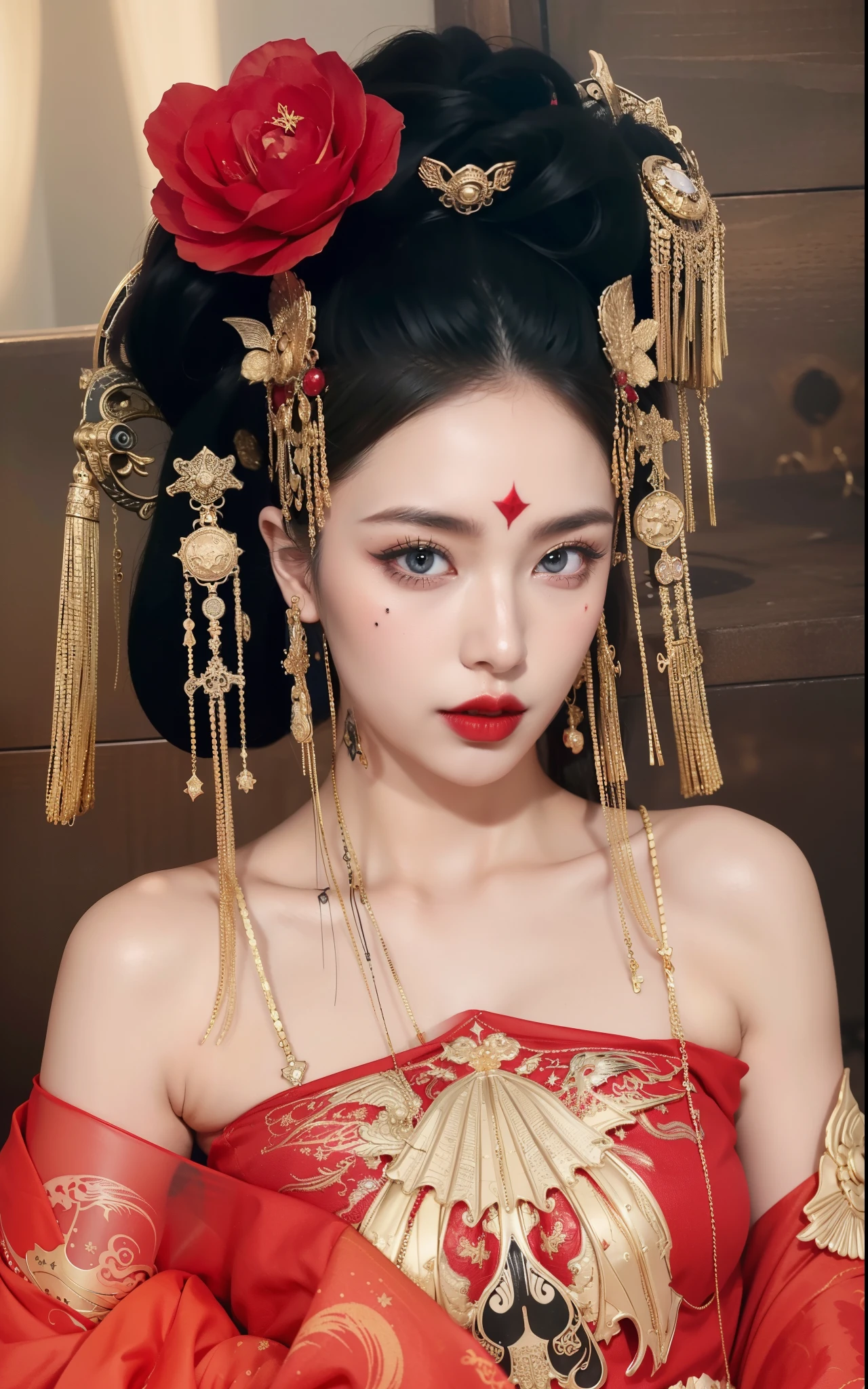Detailed image quality，Witch Pandora，wing, Succubus Theme，堕落Angel，Excellent，scary，Secret Terror，Tentacles，With eyes，Uncanny Valley Effect，Beast Blood Moon，skeleton，vampire，Hellfire，Dark Queen，Angel，magician magic witch，16岁Angel，Eyes are blue(Pupils as deep as the starry sky)，Gorgeous tattoo designs all over the body，Surreal photos(8K picture quality，Rich in details)，Dark eyeshadow，Sexy thick lips(Red lipstick)，Tattoo designs on body，Dark Queen，Wear luxurious gold jewelry，The Queen is wearing gorgeous Hanfu