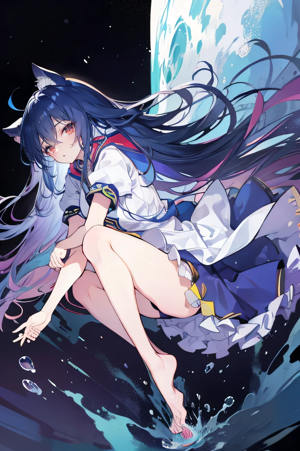 (masterpiece:1.2),Super detailed,lifelike,Expressive eyes,fair skin,perfect face shape,1 girl,
Japanese comics,Gorgeous blue hair,flowing blue hair,flowing clothes,Cat ears,Petals fall,beautiful lola,Baby Angel,
Shaking head with one hand,Cross your legs,Gentle and peaceful background,The pavilion is cool and comfortable,smile, wearing hoodie, background of tokyo,back views,snowing, winter,lie on the water,Lying on the ground。Dark blue gradient hair,asymmetrical hair,((Hair is very thick 1.8,Chiseled hair 1.6)), Hair over the shoulders, Messy hair, Very long hair, shiny hair,(long dark blue hair:1.2),A beautiful girl,(Transparent clothes transparent 1.8),Perfect body,Big thin legs,slender,(Looks very sad,Looks haggard ,sadness,shut your mouth:1.2) Against the backdrop of an unusually bright dark starry sky,(Put your hands behind your back),(round,Room, Strong breasts),barefoot,float,water surface,(long legs,long legs,long legs,Complete)((masterpiece:1.4,最high quality)),(Super detailed),Official Art,Unity 8k Wallpaper,Super detailed,Beautiful appearance,high quality,Lovely,masterpiece,最high quality,(flat chest),Human body,a character portrait,Standing,White background,long suspender skirt,Yuri,(Black tights),There is a halo on the head