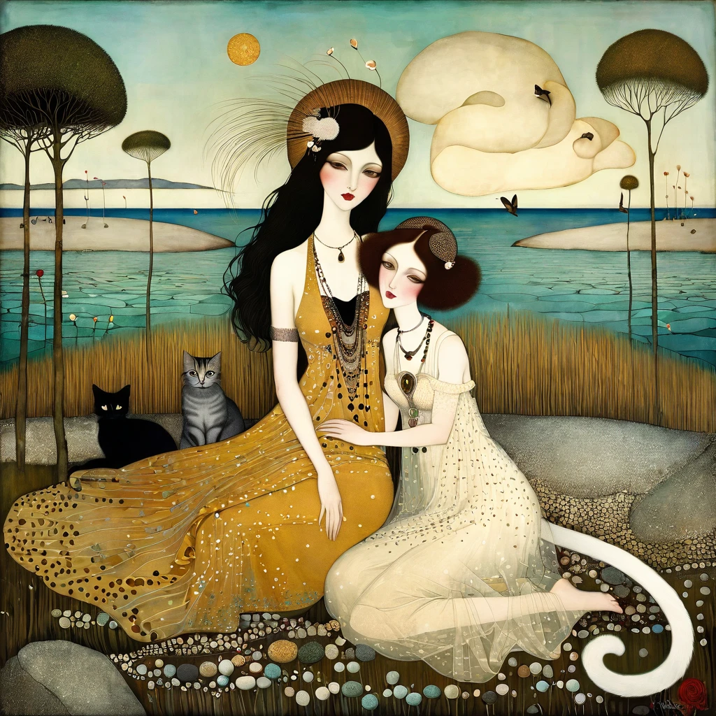 Art style by Klimt, Sam Toft, Florine Stettheimer, Dina Wakley, Catrin Welz-Stein, Gabriel Pacheco, Elisabeth Fredriks, of two Young European women, sweet light brown eyes, dress with wide cleavage. comb long black hair, sitting on beach of tiny stones. Around them cats long necks, long tails, flowers and marsh grass. Art Deco, Wide-Angle, elegant intricate patterning 8k very attractive fantastic view ultra detailed quality crisp very cute naive acrylic art