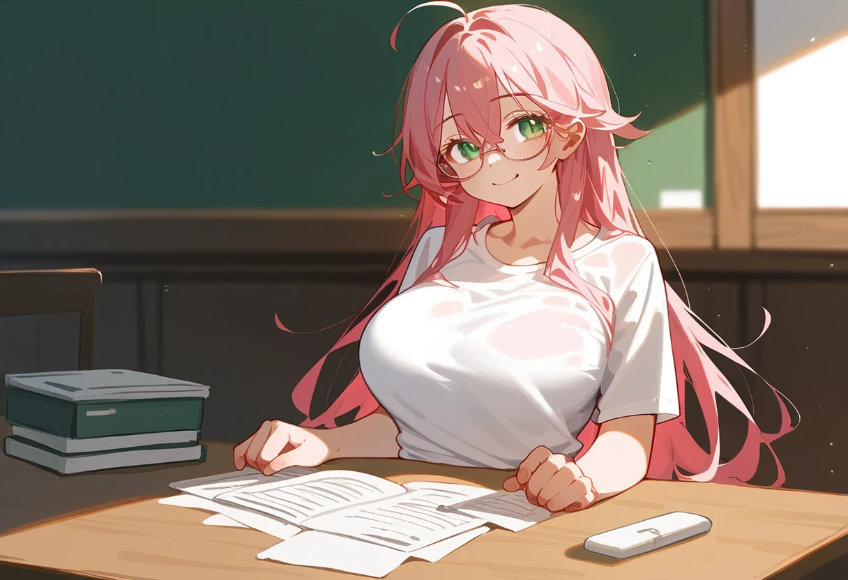 One Woman、Big Breasts、Pink Hair、Long Hair、Straight Hair、Ahoge、Kind older sister、Pink small glasses、Green Eyes、smile、Droopy eyes、Background home table、Bukabuka shirt、Sitting and teaching