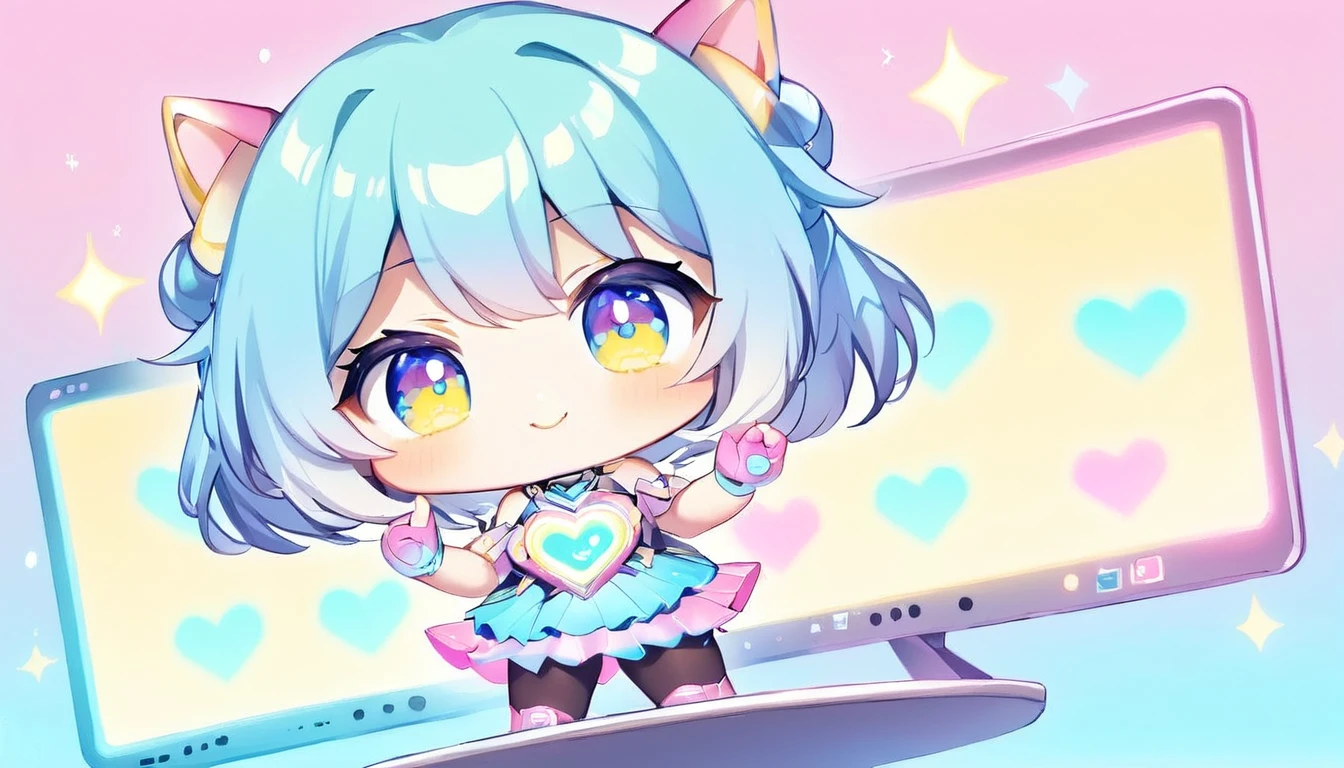 close up face, smile, On the computer screen, an anime chibi character vtuber is moving around energetically. Her character is cute, dressed in a colorful costume. Her voice is bright, entertaining the viewers. She plays games, talks, and responds to comments from viewers. The broadcast is on YouTube, and many viewers are sending comments while enjoying her movements. This scene symbolizes a new form of modern entertainment.