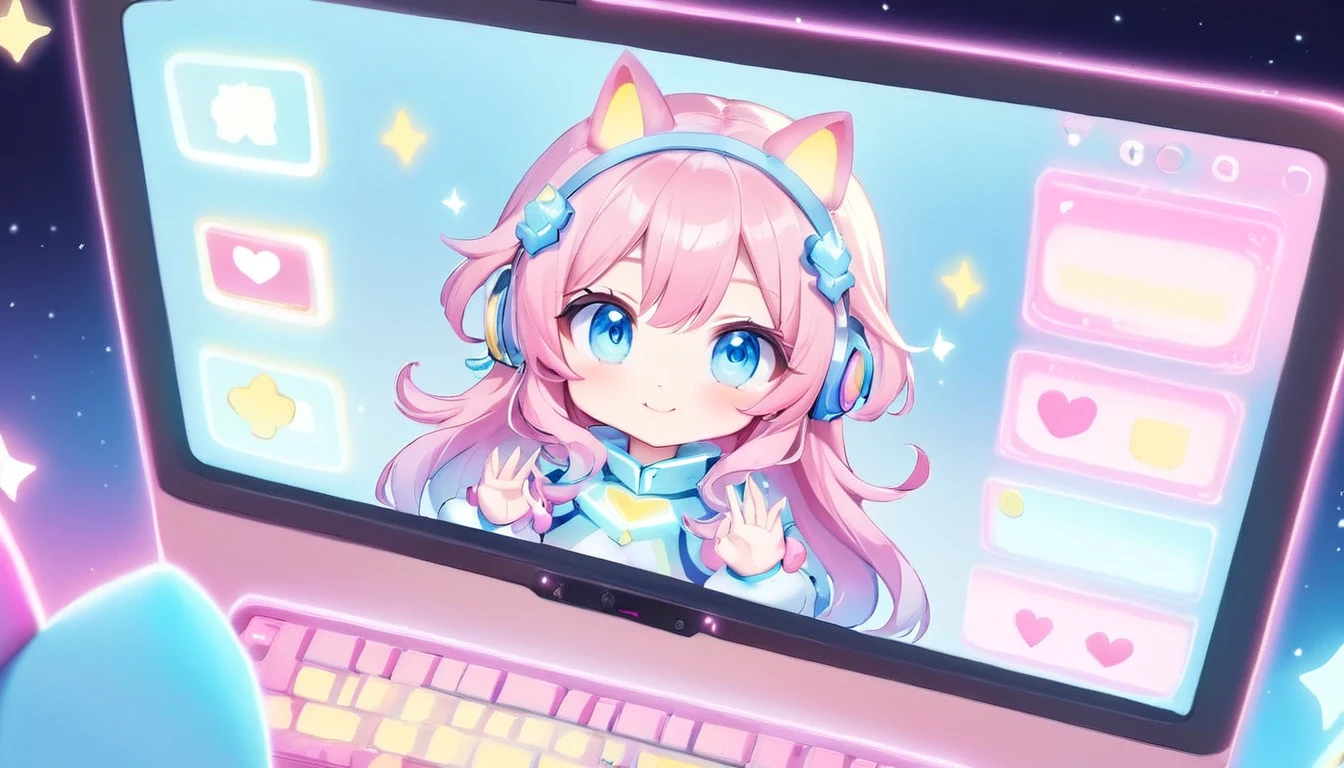 close up face, smile, On the computer screen, an anime chibi character vtuber is moving around energetically. Her character is cute, dressed in a colorful costume. Her voice is bright, entertaining the viewers. She plays games, talks, and responds to comments from viewers. The broadcast is on YouTube, and many viewers are sending comments while enjoying her movements. This scene symbolizes a new form of modern entertainment.