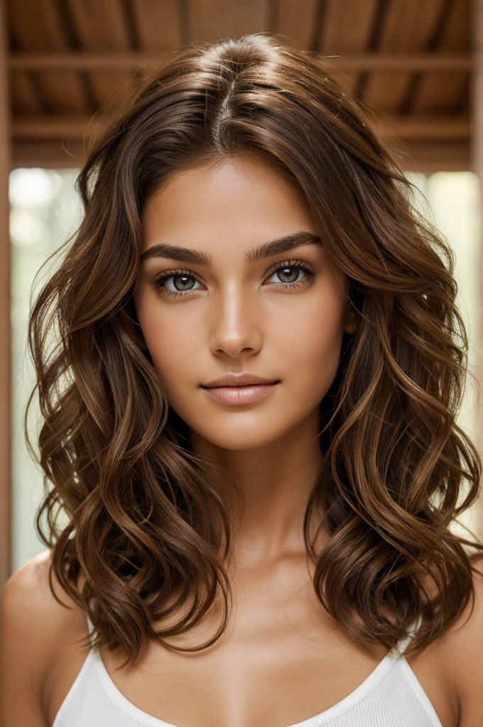 Hair: light brown, curly and shoulder length eyes: brown, with a glow of intelligenceSkin: Light brunetteFacial features: Soft and friendly, with a determined expression