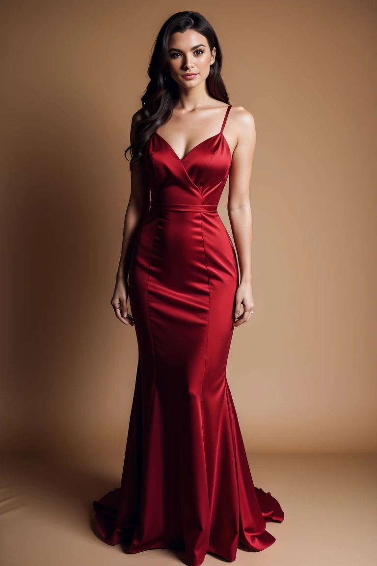 beautiful Instagram model, (long black hair, wearing a beautiful red party dress ) , full body view, ((big boobs)), (hourglass figure), (white girl), detailed face, beautiful eyes, luscious lips, cinematic lighting, photorealistic, highres, 8k, (best quality:1.2), (realistic:1.37) , (full body view), white room