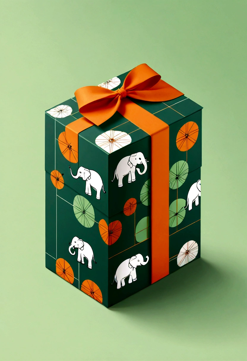 a beautifully designed gift box with handle, in the style of british plaid, geometric lines, minimalist, modern, high-end, cute, color blocking, floral patterns, a cute elephant logo, orange and light green colors, illustration, cartoon, in the style of geometric, beautiful detailed, in the style of flat color vector design