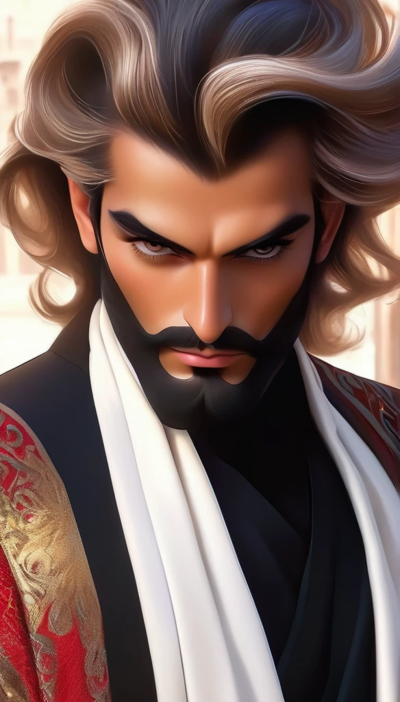 A man with a strong personality, his hair color is black, his eyes are hazel, his skin color is white, and he wears luxurious and beautiful clothes. يرتدي الملابس السعودية