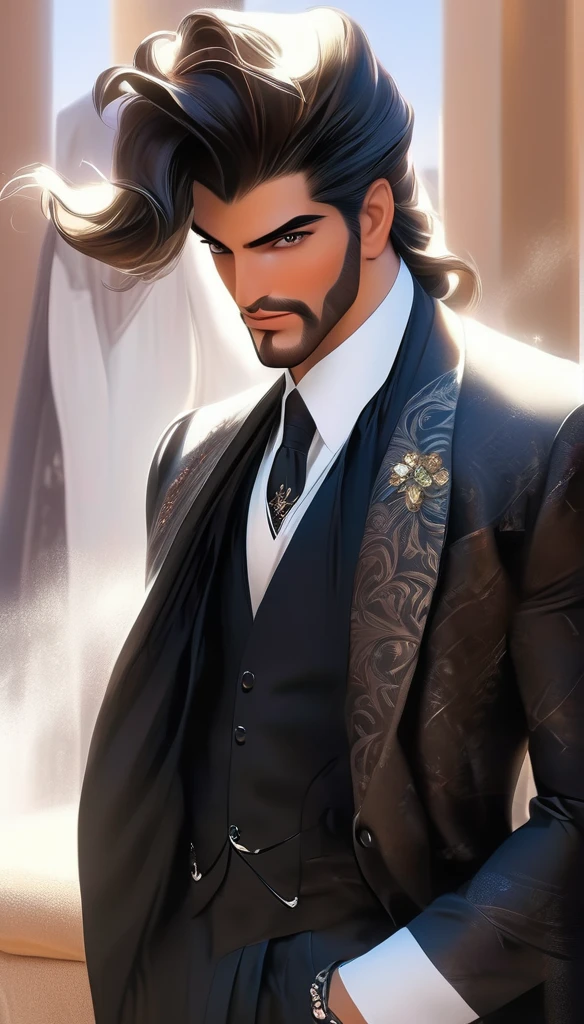 A man with a strong personality, his hair color is black, his eyes are hazel, his skin color is white, and he wears luxurious and beautiful clothes. يرتدي الملابس السعودية