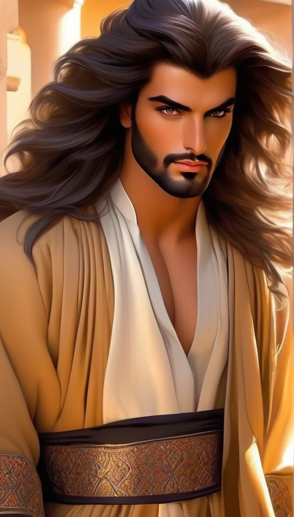A man with a strong personality, his hair color is black, his eyes are hazel, his skin color is white, and he wears luxurious and beautiful clothes. يرتدي الملابس السعودية