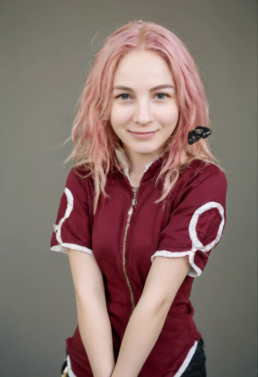 anime - style girl with pink hair posing for a picture, haruno sakura, sakura haruno, anime girl cosplay, sakura haruno in slug sage mode, anime cosplay, anime girl in real life, (highly detailed face:1.4) (smile:0.7) (background inside dark, moody, private study:1.3) POV, by lee jeffries, nikon d850, film stock photograph ,4 kodak portra 400 ,camera f1.6 lens ,rich colors ,hyper realistic ,lifelike texture, dramatic lighting , cinestill 800