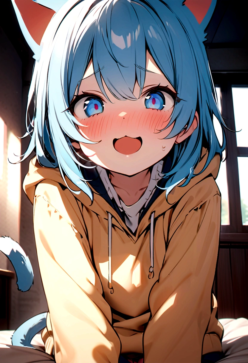 hoodieを着た男の子1名, Shota, Cat ear, Cat&#39;s Tail,,  Embarrassed, (masterpiece), Highest quality, Expressive eyes, Perfect Face, smile, Open your mouth, Full Color, detailed, 8K, 4K, High resolution, Symmetric, Extraordinary cuteness, Best aesthetics, school uniform　cute　　Light blue hair　Odd Eye　hoodie　Naughty　sexual behavior　Sex　