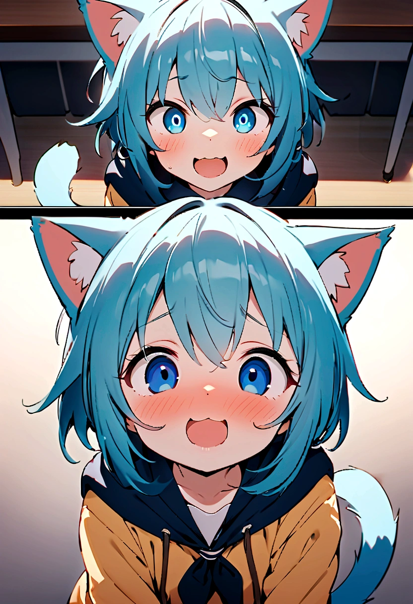 hoodieを着た男の子1名, Shota, Cat ear, Cat's Tail,, Embarrassed, (masterpiece), Highest quality, Expressive eyes, Perfect Face, smile, Open your mouth, Full Color, detailed, 8K, 4K, High resolution, Symmetric, Extraordinary cuteness, Best aesthetics, school uniform cute Light blue hair Odd Eye hoodie Naughty sexual behavior Sex