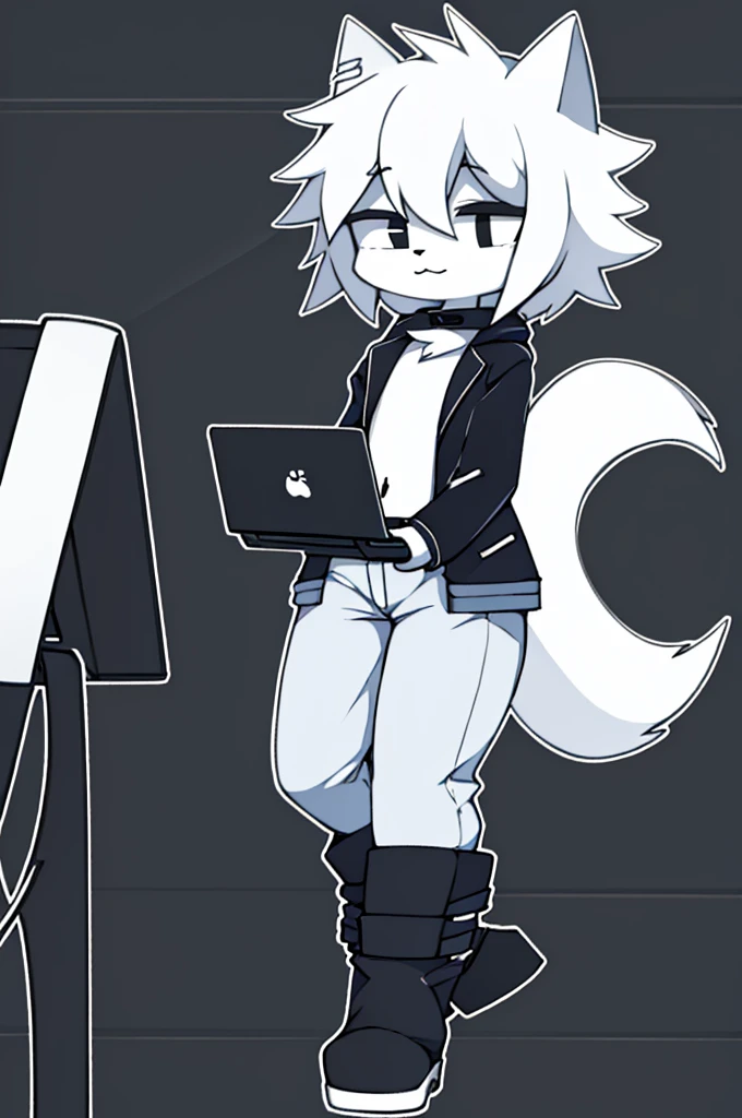 girl, furry, White cat, white hair, short hair, wide coffee boots, blue jeans, black open jacket, holding a white computer, alone, black eyes.
