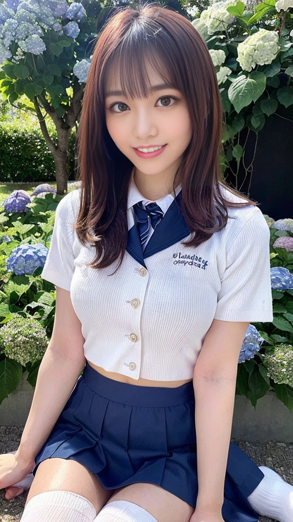 超Realistic high school girl,超Realistic high school girl,Realistic high school girl,Twin tail hair,Sailor suit,White shirt,Tartan Check Skirt,A bow tie,Ribbon in hair,Japanese,Big eyes,自然な優しいsmile,Slightly drooping,Fair skin,Thin face,A gentle Japanese look,Beautiful Skin,Very stylish,There is wind,The sun is dazzling,Standing on a mountain with flower fields in full bloom,16Year,素敵なsmile,teeth,View your viewers,blue eyes、smile、Perfect hands、Perfect Fingers