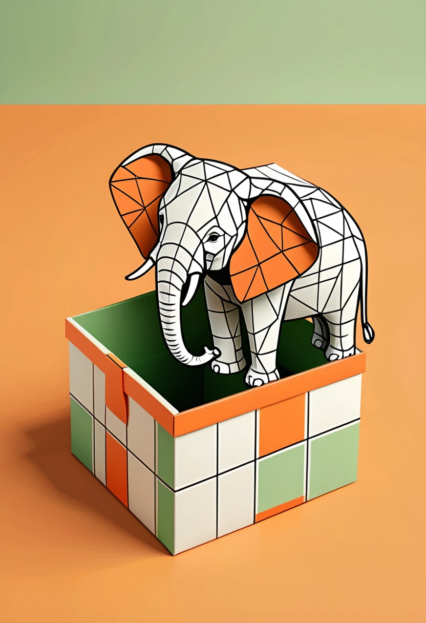 a beautifully designed gift box with handle, in the style of british plaid, geometric lines, minimalist, modern, high-end, cute, color blocking, floral patterns, a cute elephant logo, orange and light green colors, illustration, cartoon, in the style of geometric, beautiful detailed, in the style of flat color vector design