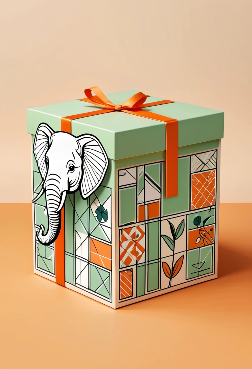 a beautifully designed gift box with handle, in the style of british plaid, geometric lines, minimalist, modern, high-end, cute, color blocking, floral patterns, a cute elephant logo, orange and light green colors, illustration, cartoon, in the style of geometric, beautiful detailed, in the style of flat color vector design