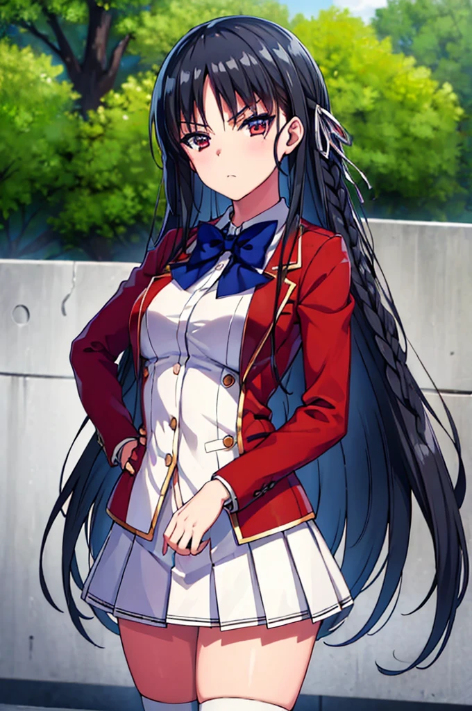 (masterpiece, best quality:1.4), (ultra detailed:1.2), perfect anatomy, 8k portrait, 
1girl,
Suzune Horikita, 
Suzune Horikita \(youjitsu\),
long hair, braid, 
black hair, 
red eyes, slant eyes, small eyes, 
blue bow, 
medium breasts, 
red jacket, long sleeves, white skirt, pleated skirt, black thigh-high socks, 
looking at viewer, 
cowboy shot, 
perfect light, 